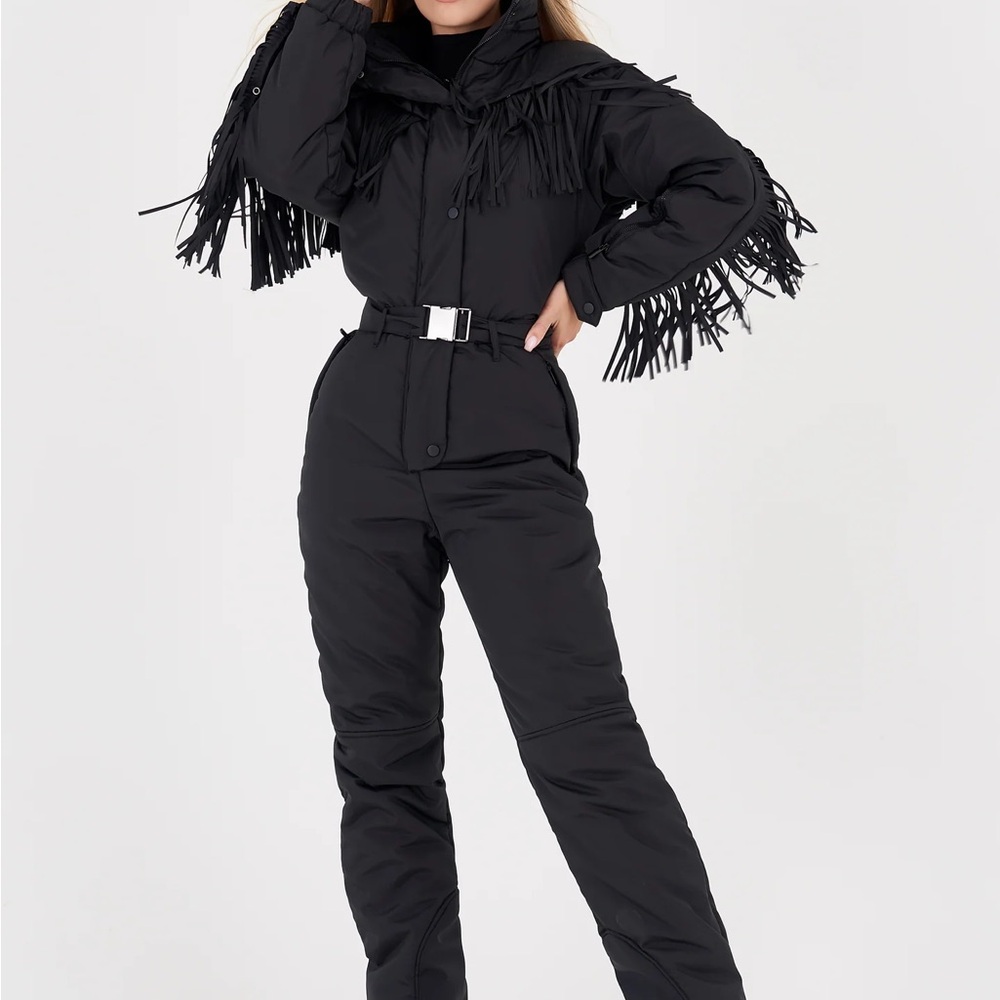 NWT UpWearandSuits Winter Black Puffer Fringe snowsuit ski suit Women's SZ 44